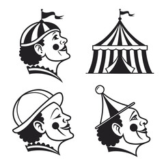 Set of four black and white circus tent and clown silhouettes