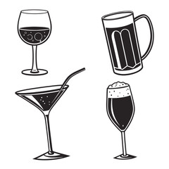Set of four black and white drink glass illustrations