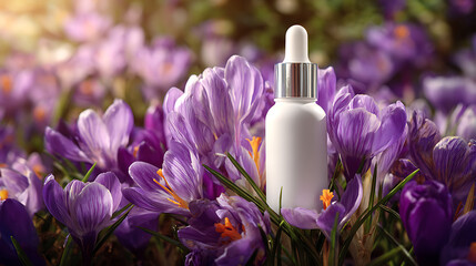 White Dropper Bottle Among Purple Crocus Flowers in Garden