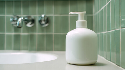 White Lotion Dispenser on Bathroom Counter with Green Tile Wall