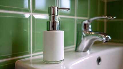 White Lotion Dispenser on Bathroom Sink with Green Tile Background