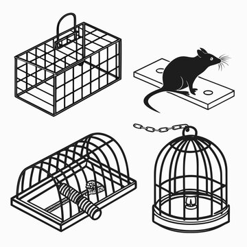Set of four black and white silhouette animal traps and cages