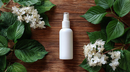 White Spray Bottle on Wooden Surface with Green Leaves and White Flowers