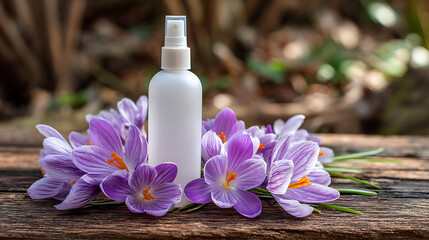 White Sprayer Bottle with Purple Crocus Flowers on Wooden Table