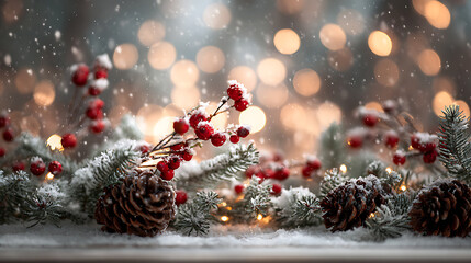 Winter Holiday Spruce Branches with Red Berries and Pinecones