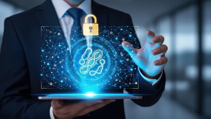 A professionally dressed businessman in a dark suit and blue tie is presenting a glowing digital tablet displaying a complex network of interconnected nodes surrounding a stylized DNA double helix