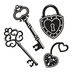 Set of ornate vintage keys and heart shaped padlocks