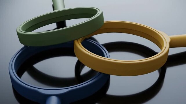 Stacked Colorful Plastic Circles with Handles on Reflective Surface, Abstract Green, Yellow, and Blue Objects with Reflections