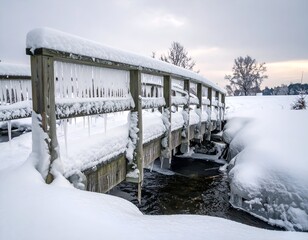 Winter landscape with snow-covered wooden bridge over a flowing creek, icicles