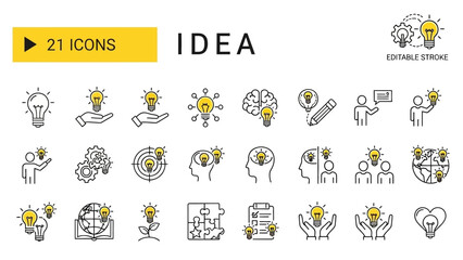 Fototapeta premium Collection of 21 Sleek Line Icons Representing Ideas, Innovation, and Creative Concepts