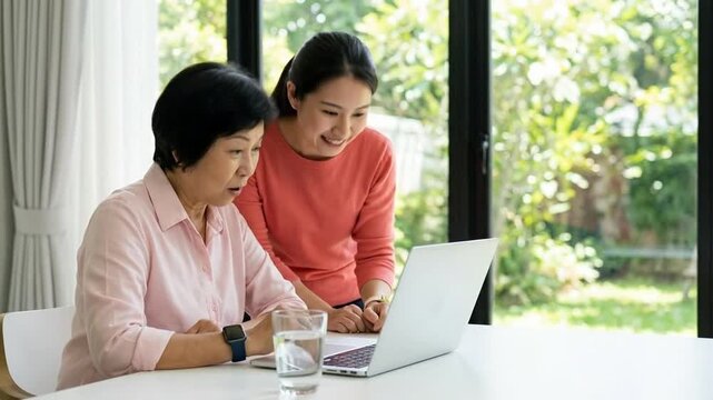 Young Asian woman assisting senior mother with laptop at home, intergenerational digital literacy support and family connection