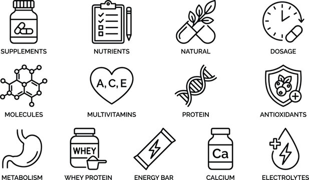 Nutrition icon set, supplements, vitamins, protein, dosage, metabolism, antioxidants, health care, black vector, wellness, molecular, energy
