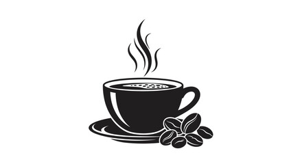 Classic black silhouette illustration of a steaming hot coffee cup with coffee beans resting beside it, ideal for caf� branding or menus.