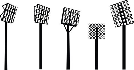 Stadium floodlight silhouette set, lighting pole, grid lights, circular lamps, sports field, night illumination, black vector, engineering, design, icon © razia