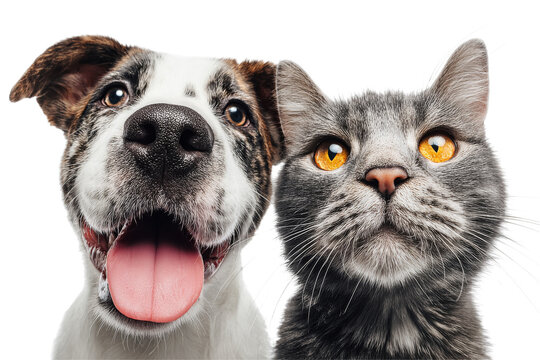 Funny dog and cat closeup portrait with happy expression isolated on transparent background