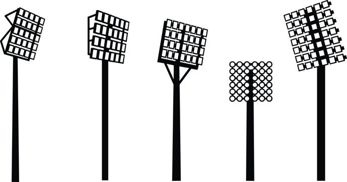 Stadium floodlight silhouette set, lighting pole, grid lights, circular lamps, sports field, night illumination, black vector, engineering, design, icon