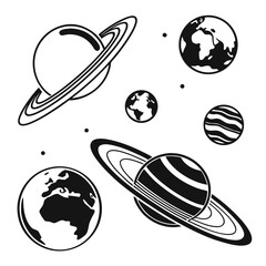 Set of six black and white planet icons space saturn