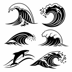 Set of six black and white ocean wave and water splash graphics