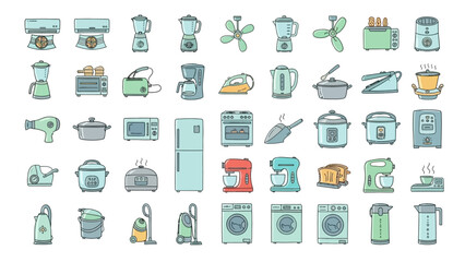 A comprehensive set of modern household appliance icons in a sleek line art style, featuring kitchen, laundry, and cleaning devices for contemporary graphic design