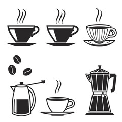 Set of six black coffee icons with steam and beans