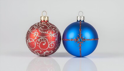 Two festive ornaments, red and blue, with decorative silver and red accents