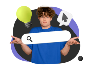 Young man surrounded by digital elements pondering an internet search or creative idea