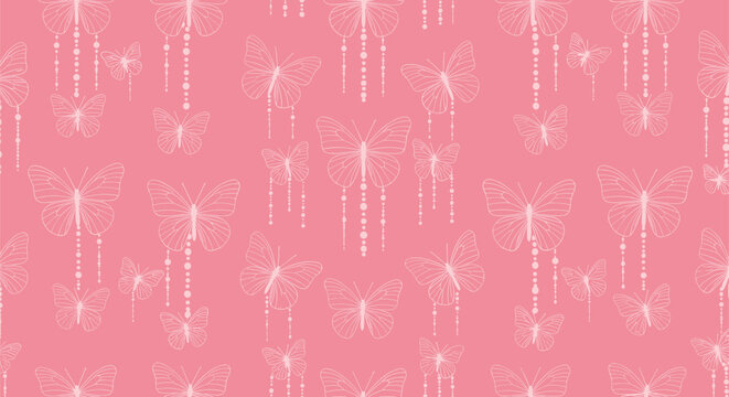 Enchanting seamless pattern featuring a whimsical array of outlined butterflies with delicate beaded trails, rendered in soft light pink on a solid pastel pink background.