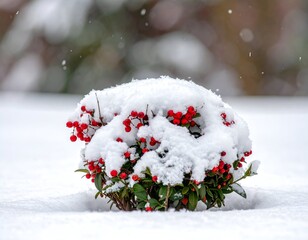 Snowy bush with red berries, covered in snow, with a blurred natural background
