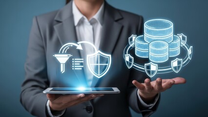 A professionally dressed businesswoman in a dark gray suit confidently presents a glowing, futuristic digital illustration of data filtering, security shields, and interconnected database cylinders