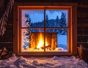 Cozy cabin interior with a warm fireplace framed by a snowy window view