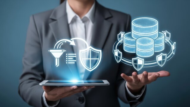 A professionally dressed businesswoman in a dark gray suit confidently presents a glowing, futuristic digital illustration of data filtering, security shields, and interconnected database cylinders - Powered by Adobe