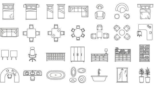 Comprehensive Collection of Vector Furniture and Fixture Outlines for Interior Design and Architectural Floor Plans, Featuring Sleek Top-Down Views for Professional Layouts