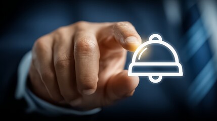 Hand is pointing to a bell icon. Concept of urgency or importance