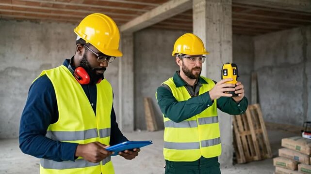 Professional Construction Workers Surveying Building Site with Digital Tablet and Laser Level