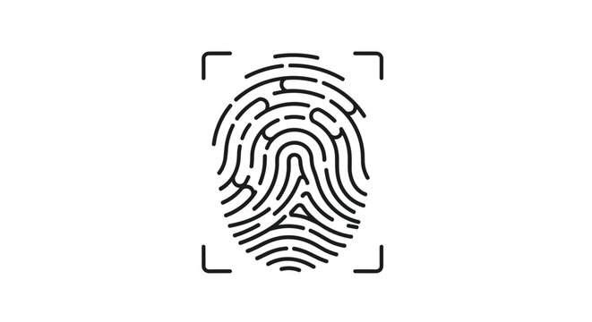 A black line art icon of a fingerprint inside a scanner frame, representing identity, security, and biometric authentication.