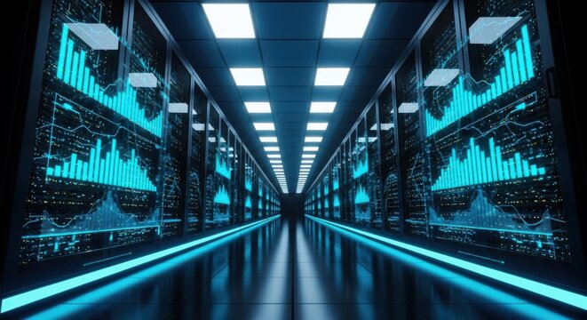 Data center with servers and data visualization - Powered by Adobe