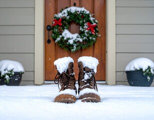 Winter scene Snow-covered boots in front of a festive door with wreath