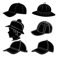 Six black silhouette hats and a head profile white