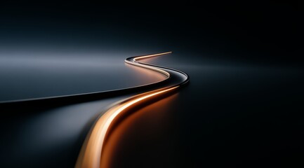 Long, curvy road with a bright orange line. The road is dark and the orange line is the only bright spot