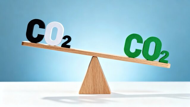 CO2 molecules balanced on a wooden seesaw, symbolizing carbon emissions and environmental equilibrium
