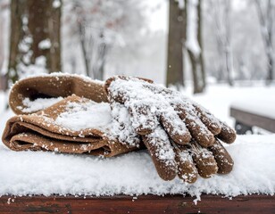 Brown gloves rest on snow-covered wooden bench in a wintery park