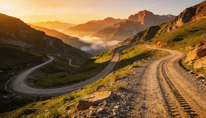Winding dirt road through mountains at sunrise with misty landscape