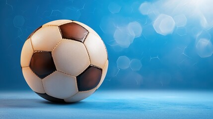 Naklejka premium Classic Soccer Ball on Soft Blue Background with Bokeh Effect