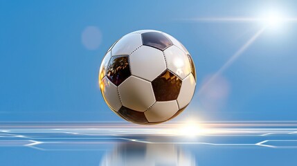 Fototapeta premium Floating Soccer Ball Against a Bright Blue Sky Background