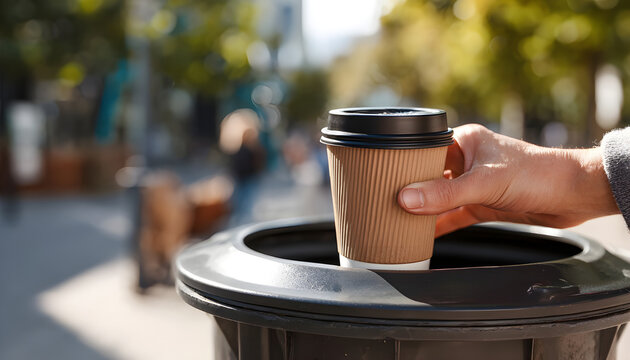 Throwing Coffee Cup Into Urban Trash Bin on Sunny Day
