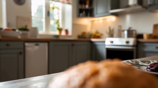 Chocolate chip muffin baked breakfast on wooden table in bright cozy kitchen morning light warm homemade pastry with crumbly top