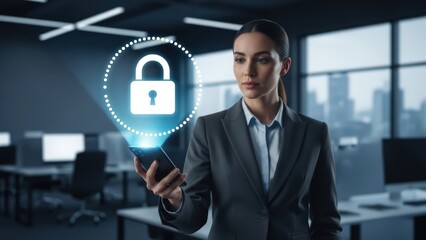 A confident, professional businesswoman wearing a tailored gray suit and looking directly at the viewer, is holding a glowing smartphone displaying a bright white padlock icon within a dotted circle,