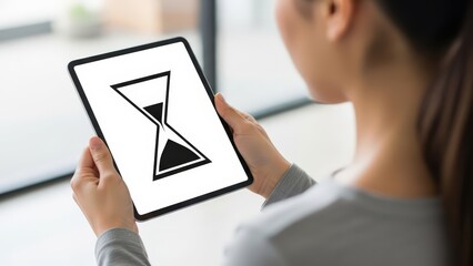 A modern, sleek digital tablet displaying a stark black hourglass symbol on a bright white screen is being carefully held by a person with light skin tone, positioned near a softly lit window with