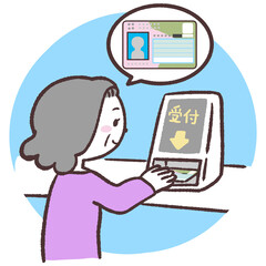 マイナンバーカードで受付するシニア女性のイラスト