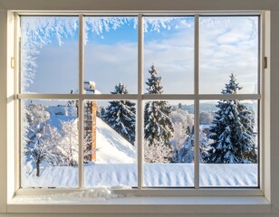 Snowy landscape viewed through a frosted window. Winter scene of buildings & evergreens